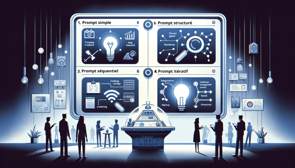 Des professionnels en silhouette sont rassemblés autour d'une console centrale futuriste qui affiche une grande interface interactive avec quatre catégories distinctes de "prompts" informatiques, éclairant des sujets tels que le prompt simple, structuré, séquentiel, et itératif. La scène est soulignée par une ambiance de tons bleus et des éléments graphiques variés flottant dans l'air.