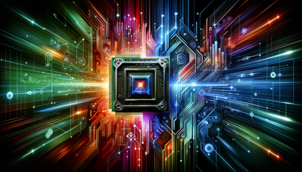 Une image en mode paysage futuriste et technologique illustrant la comparaison entre GPU et CPU en IA générative. À gauche, un processeur graphique (GPU) symbolise la puissance dans les calculs parallèles, représenté par une carte graphique stylisée. À droite, un microprocesseur (CPU) évoque la polyvalence et l'efficacité dans les tâches séquentielles, illustré par une puce de CPU. Au centre, des éléments visuels liés à l'intelligence artificielle, tels que des représentations de réseaux de neurones et des graphiques de données, soulignent le lien entre ces technologies et l'IA. La palette de couleurs est vive, mêlant des tons bleus, verts et violets, avec un style futuriste pour attirer l'attention tout en maintenant un aspect professionnel.