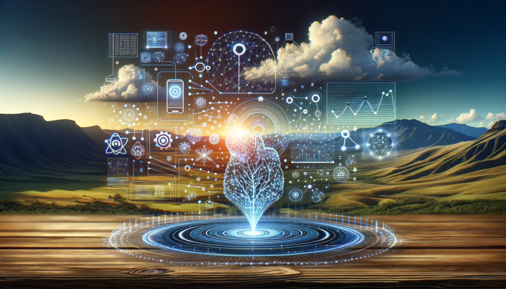 Cette image vise à symboliser l'intégration de l'intelligence artificielle et du langage, avec des éléments comme les réseaux neuronaux, le texte numérique et les logos TensorFlow, tout en transmettant un sens de technologie avancée et d'innovation dans le traitement du langage.